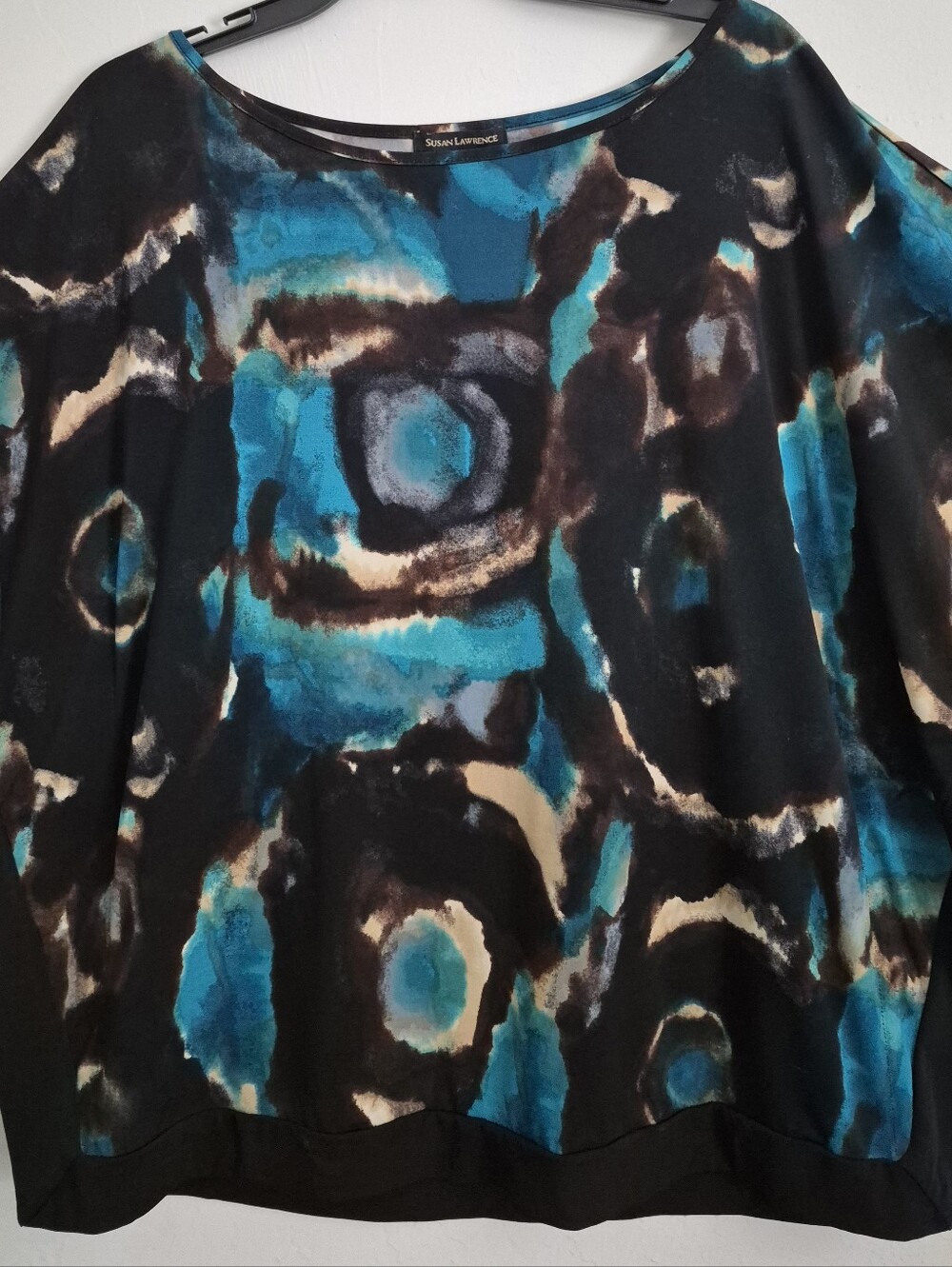 Susan Lawrence Black, Teal & Cream Abstract Print Women's Top